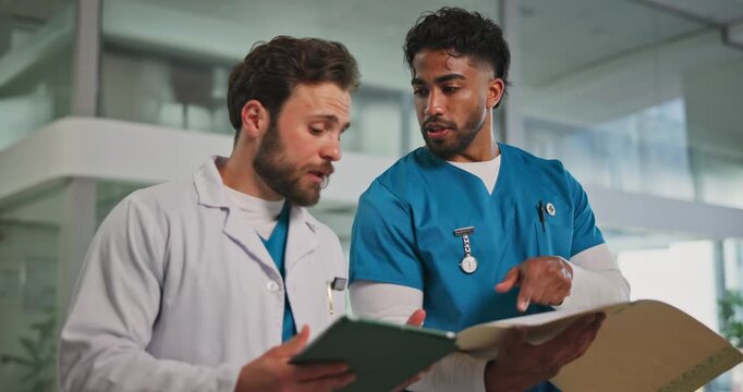 Walking, team and tablet with doctors in hospital for healthcare report, ward rounds and symptoms checklist. Surgery schedule, medical case review and collaboration with people in clinic for results