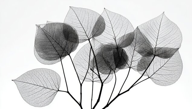 Elegant Black and White Skeleton Leaves on White Background, Botanical Veins Texture, Translucent Foliage Pattern, Nature Inspired Art.