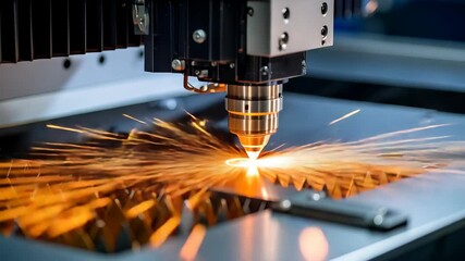 Automated laser cutting machine cutting metal sheet with bright sparks, modern industrial technology, manufacturing process, metalwork, heavy industry and engineering - Powered by Adobe