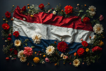 a black and white Netherlands independence Day celebration abstract background in national flag colours with flowers.