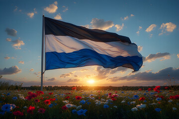 a black and white Netherlands independence Day celebration abstract background in national flag colours with flowers.