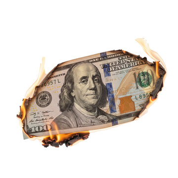 One hundred dollar bill burning with flames on white background