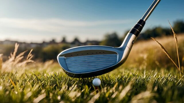 Golf club iron striking white ball on lush green fairway at golden sunset with bokeh background