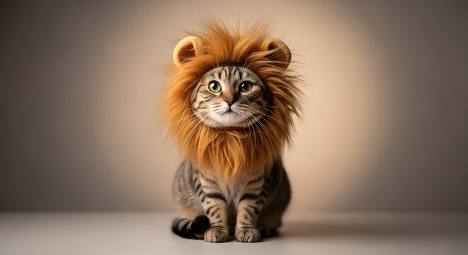 A cute gray cat in a lion costume looks to the side. Panoramic image with copy space with toys.
