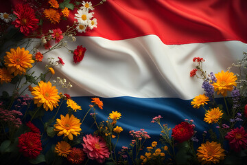 a black and white Netherlands independence Day celebration abstract background in national flag colours with flowers.