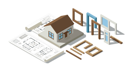 Isometric house construction blueprint with 3d architectural details and wooden frame components