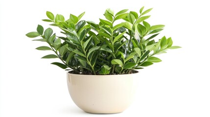 A ZZ plant in a white pot on a white background.