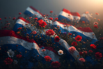 a black and white Netherlands independence Day celebration abstract background in national flag colours with flowers.
