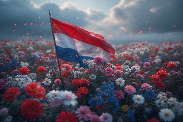 a black and white Netherlands independence Day celebration abstract background in national flag colours with flowers.