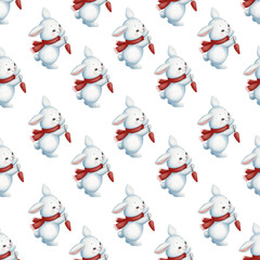 Seamless pattern with a cute bunny in a red scarf holding a toy carrot, painted in soft watercolor style. Perfect for kids' textiles, nursery decor, wrapping paper, and holiday design.