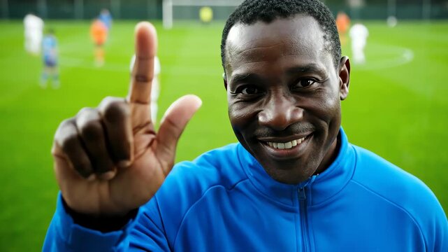 Smiling Black Man Football Coach Gesturing Number One Finger.