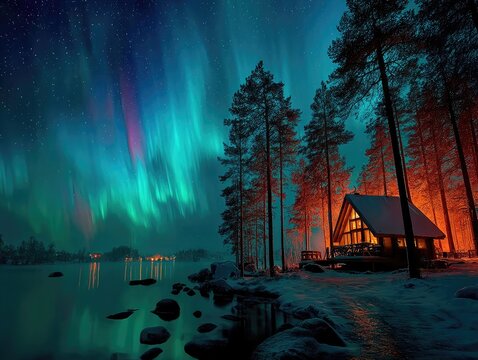 A panoramic scene of a cozy wooden cabin glowing with warm living room