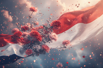 a black and white Netherlands independence Day celebration abstract background in national flag colours with flowers.