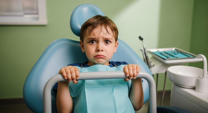 A young boy sitting in a dental chair with a worried expression.