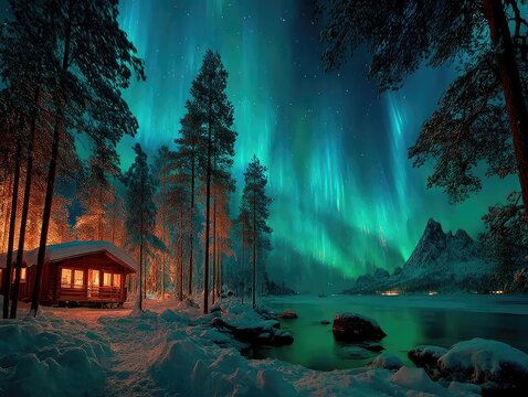 A panoramic scene of a cozy wooden cabin glowing with warm living room - Powered by Adobe