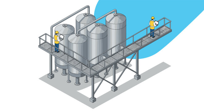 Industrial isometric design of workers inspecting modern brewery tanks with elevated walkway