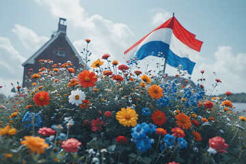 a black and white Netherlands independence Day celebration abstract background in national flag colours with flowers.