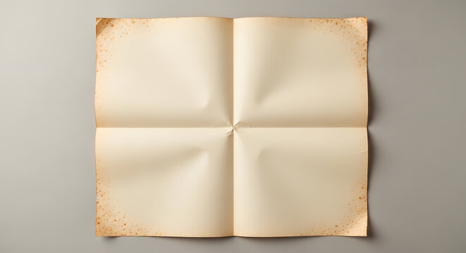 Aged and creased blank paper sheet folded into four squares on a grey background, ready for writing or design.