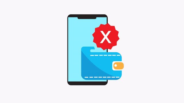 Smartphone wallet with red x showing declined payment, suitable for finance or mobile payment concept in graphic design projects.
