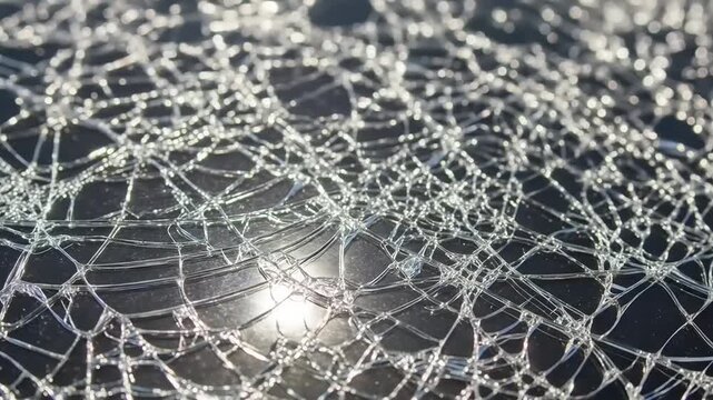 of sunlit shattered safety material surface with intricate web pattern