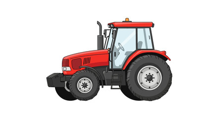 Side view of a bright red tractor with large wheels, cab, and exhaust pipe, isolated on white background