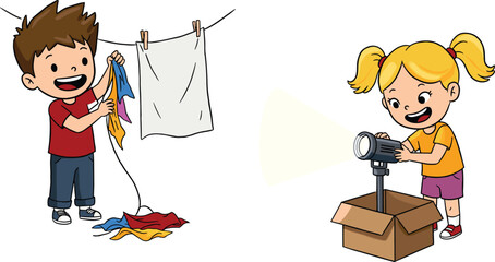 Cartoon children creative play illustration, boy hanging colorful clothes, girl using projector light