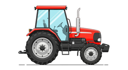 Side view of a bright red farm tractor with large black tires, a glass cabin, and a vertical exhaust pipe