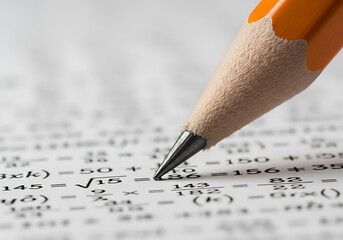 Close up of a pencil tip on a paper with mathematical equations isolated on white background