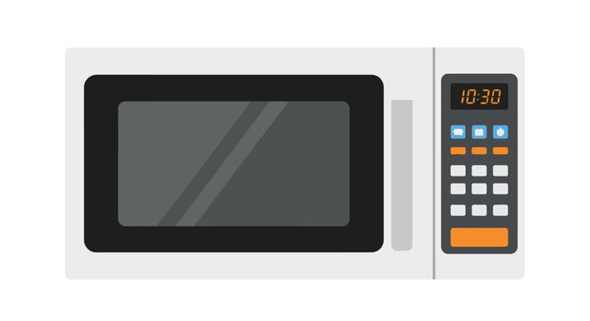 Flat illustration of a white kitchen appliance with a glass door, digital clock, and keypad. It is a microwave oven