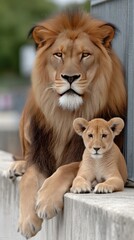 Majestic lion and playful cub resting together in a wildlife park during sunny afternoon hours