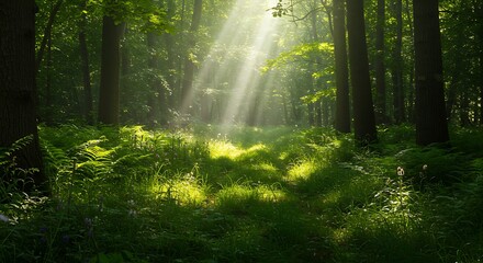 Sunlight filtering through tall trees in a lush green forest, illuminating ferns and undergrowth.