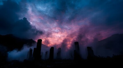 Ancient stone pillars emerge from mist during a dramatic twilight sky painted with vibrant colors and clouds