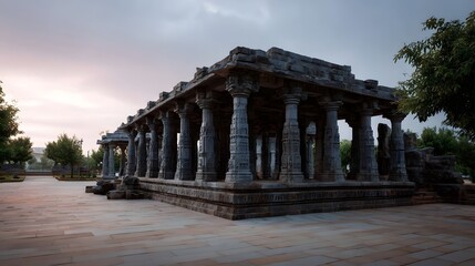 Fototapeta premium A stone pavilion with ornate carvings and pillars against a twilight sky