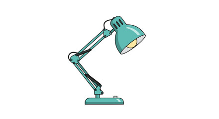 A turquoise desk lamp illuminates with a yellow glow. Its articulated arms and shade are detailed against a white background