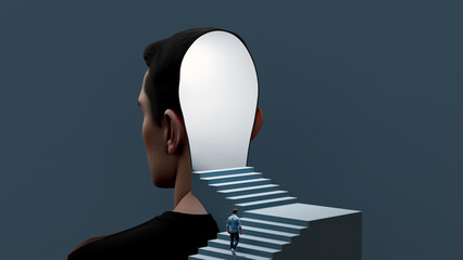 Man climbing stairs into a giant human head, concept of exploring thoughts and inner awareness, 3d render