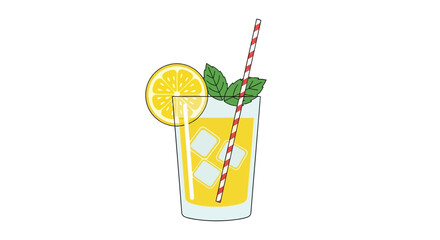A refreshing summer drink in a clear glass with ice cubes, a lemon slice, mint, and a striped straw