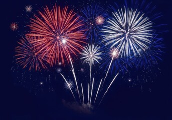 Red and blue fireworks light up the night sky in a dazzling display