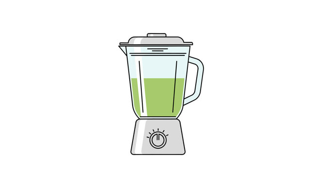 A vector illustration depicts a countertop blender filled with green liquid against a white background. It's clean and minimalist