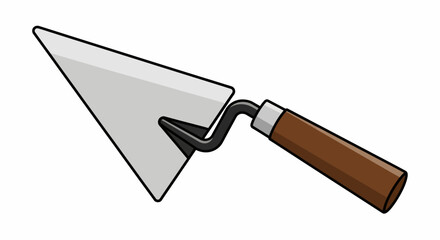 Cartoonish trowel, metal triangle blade with curved handle and brown grip. Simple design on a white background