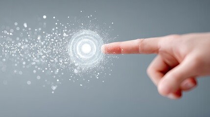 Close Up Of A Hand Pointing At A Glowing Futuristic Digital HUD Interface With Particles And Light Effects On A Gray Background