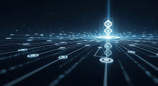 Glowing digital technology with central network hub for futuristic data transmission