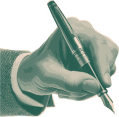 Retro Hand with Fountain Pen in Halftone Texture, symbolizing Business Creativity, Signature Style, and Vintage Collage aesthetic in green-beige tones.