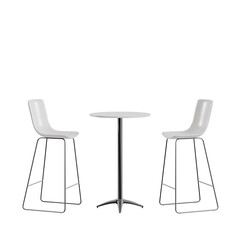 modern bar table set with two white high chairs and a round metal table, viewed from the front...