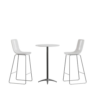 modern bar table set with two white high chairs and a round metal table, viewed from the front angle. Minimalist furniture for dining, cafe, or kitchen interior.
