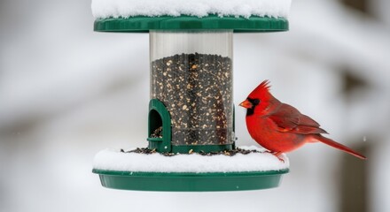 A red cardinal bird perched on a green bird feeder filled with seeds, perched on a snowy tree branch in a winter setting.