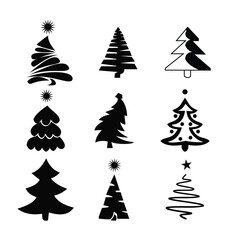Collection of nine unique hand drawn silhouette christmas trees with stars on white background