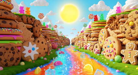 Sweet Cookie Landscape with Candy River and Sun | Fantasy Food Land for Children's Illustration and Dessert Marketing