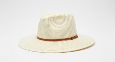 A white hat with a brown leather band and a wide brim.