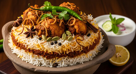Chicken Biryani served in Clay Pot with Raita and Lemon | Authentic Indian Cuisine for Restaurant Menus, Food Blogs, and Festive Occasions