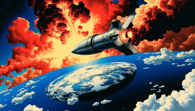 A missile with a nuclear warhead flies above the Earth, invincible force and danger
